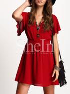 Shein Red Petal Sleeve Elegant Flare Dress