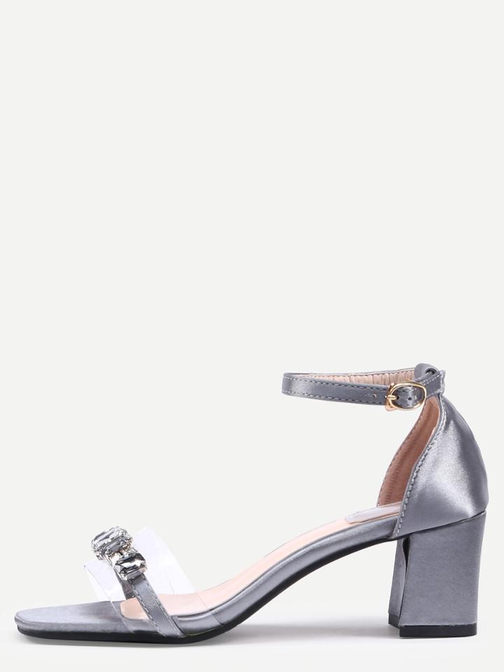 Shein Grey Peep Toe Rhinestone Buckle Strap Chunky Sandals