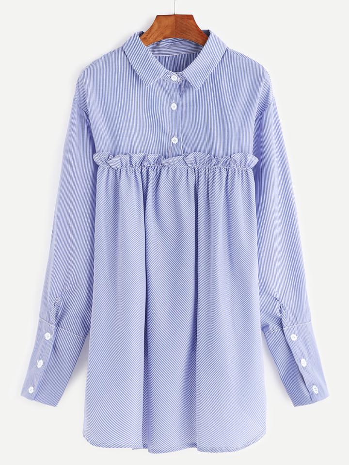 Shein Blue Striped Ruffle Dip Hem Blouse