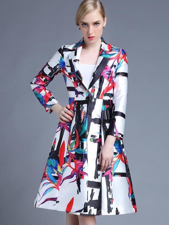 Shein Multicolor V Neck Long Sleeve Pockets Print Coat