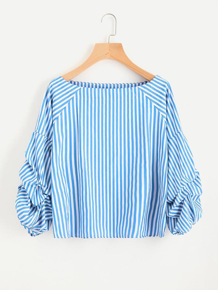 Shein Contrast Striped Billow Sleeve Blouse
