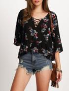 Shein Elbow Sleeve Lace Up Floral Print Blouse