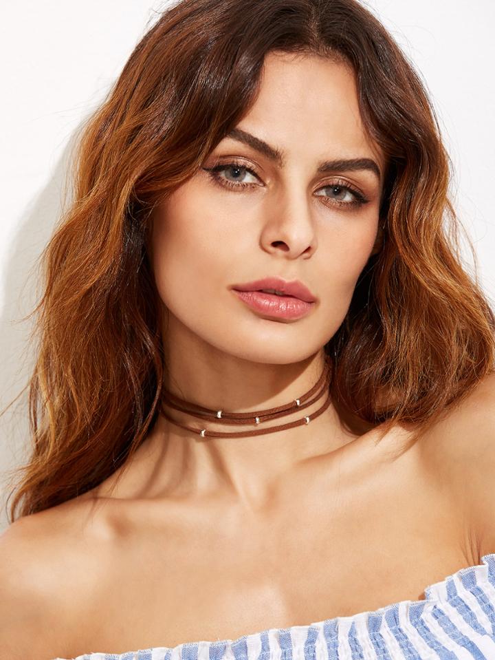 Shein Brown Layered Beaded Choker Necklace