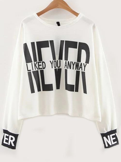 Shein White Letter Print Contrast Cuff Sweatshirt