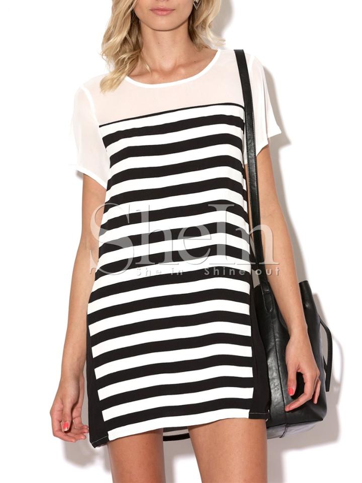 Shein White Black Short Sleeve Striped T-shirt Dress