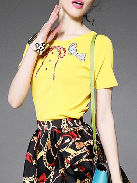 Shein Yellow Birds Embroidered Bowknot Beading Knit Sweatshirt