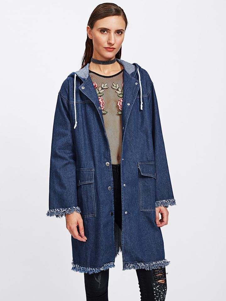 Shein Frayed Hem Drop Shoulder Hooded Denim Coat