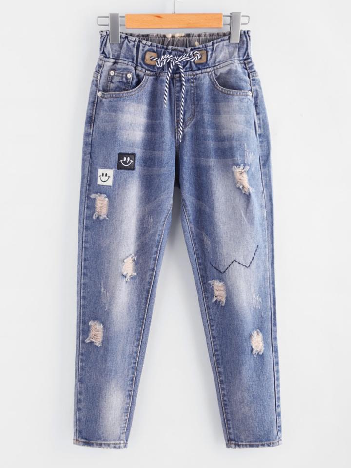 Shein Patch Detail Distressed Denim Pants