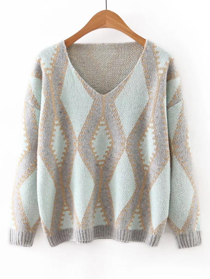 Shein Green V Neck Geometric Printed Sweater