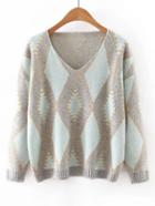 Shein Green V Neck Geometric Printed Sweater