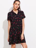 Shein Allover Cherry Print Half Placket Babydoll Dress