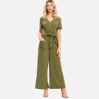 Shein O-ring Zip Up Self Belted Palazzo Jumpsuit