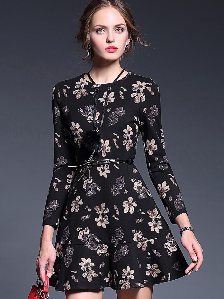 Shein Black Round Neck Long Sleeve Necklace Drawstring Print Pockets Dress