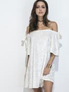 Shein Beige Velvet Off The Shoulder Bow Tie Dress