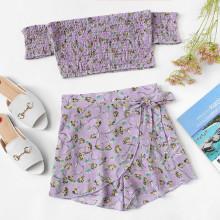 Shein Off Shoulder Floral Shirred Top & Skirt Shorts Set