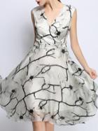 Shein White V Neck Print A-line Dress