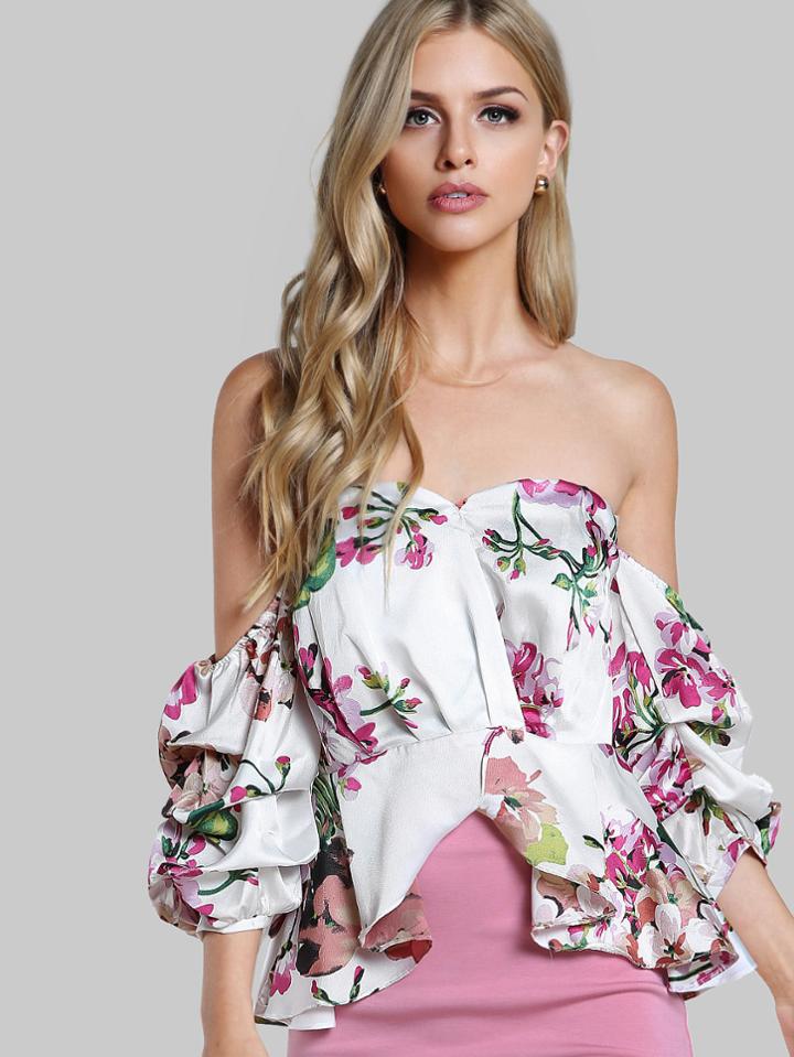 Shein Flower Print Gathered Sleeve Bardot Top