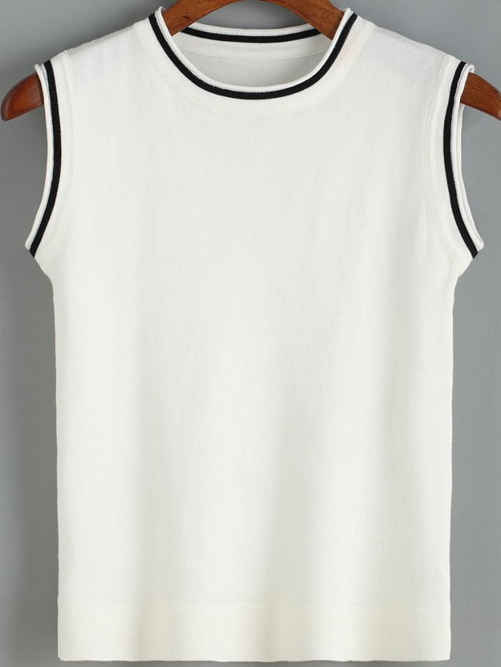 Shein White Round Neck Contrast Trims Knit Tank Top