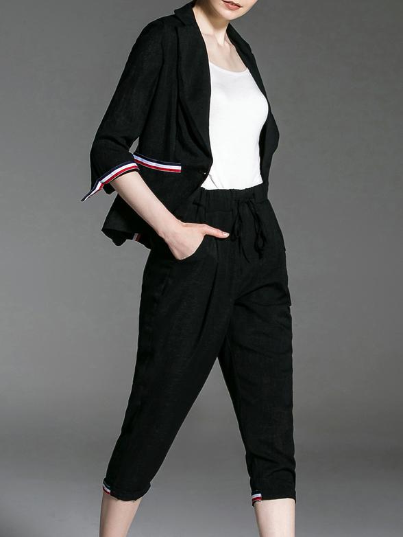 Shein Black V Neck Top With Elastic-waist Pants