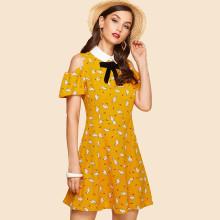 Shein Contrast Collar Bow Embellished Cold Shoulder Dress