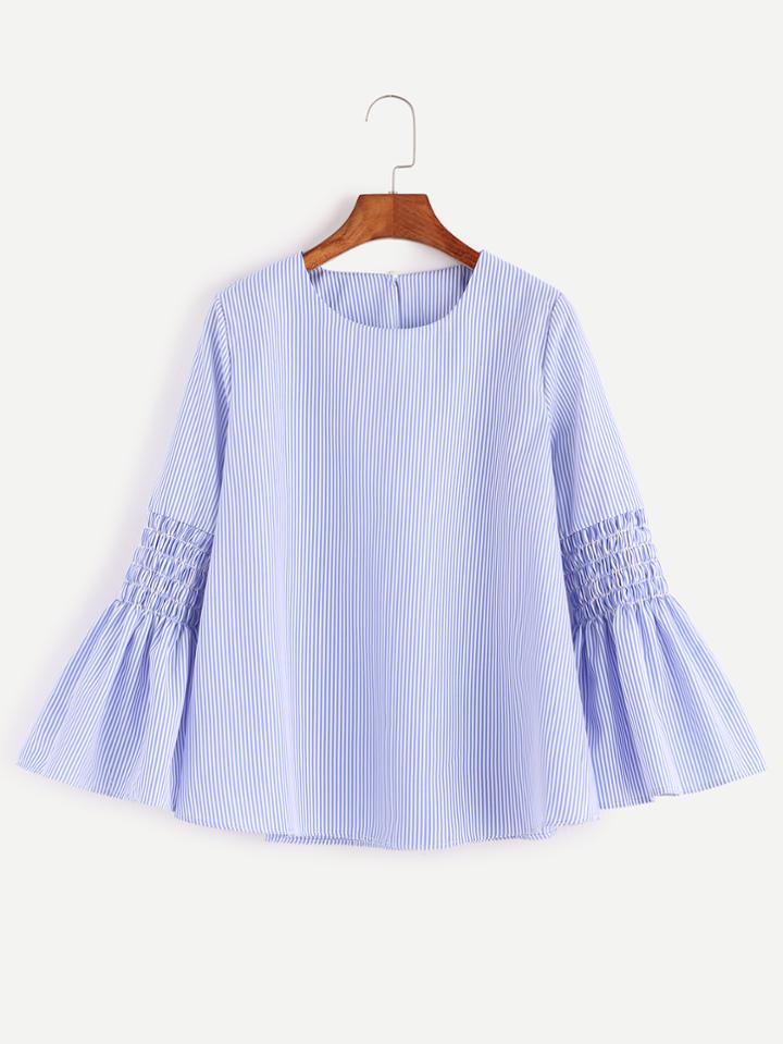 Shein Blue Vertical Striped Bell Sleeve Blouse
