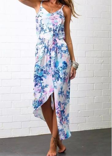 Rosewe Spaghetti Strap Flower Print Asymmetric Dress