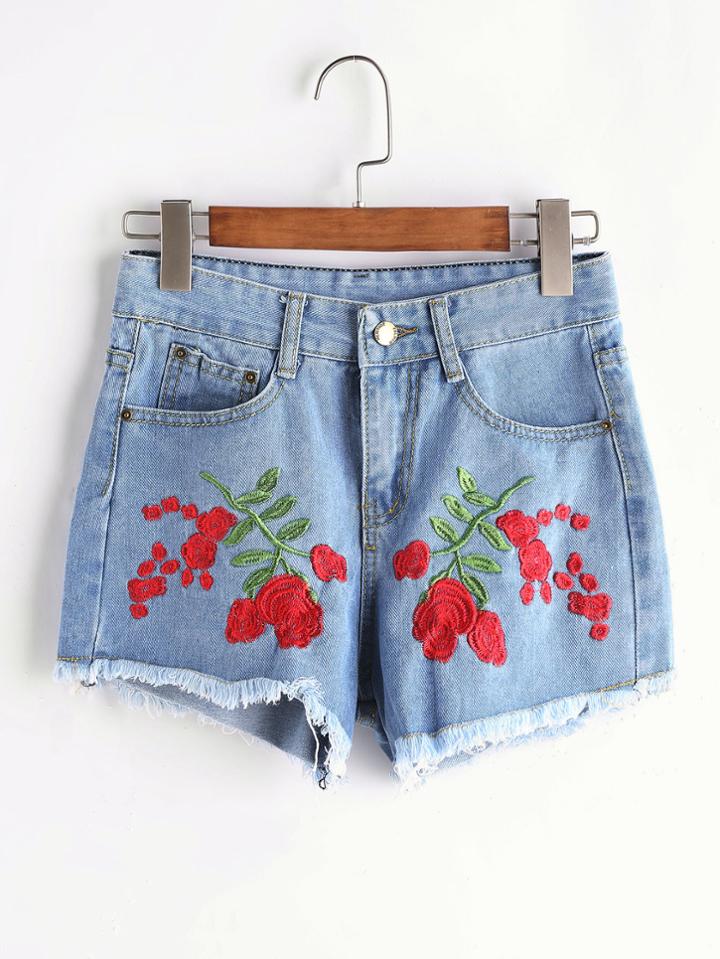 Shein Embroidery Raw Hem Denim Shorts