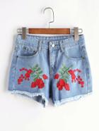 Shein Embroidery Raw Hem Denim Shorts