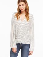 Shein White Pinstripes V Neck Twisted Front High Low Blouse