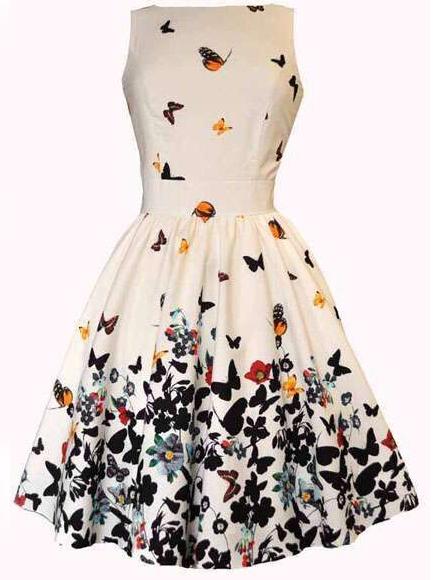 Shein White V Back Butterfly Print Flare Dress