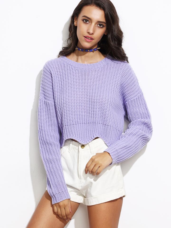 Shein Purple Drop Shoulder Scallop Hem Crop Sweater