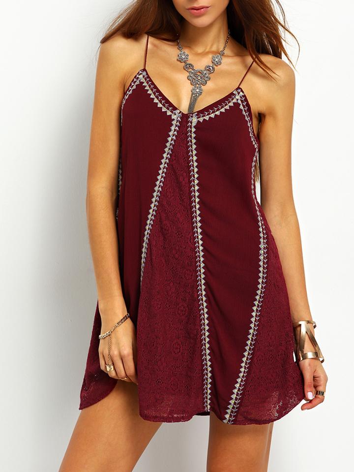 Shein Red Spaghetti Strap Embroidered Cami Dress