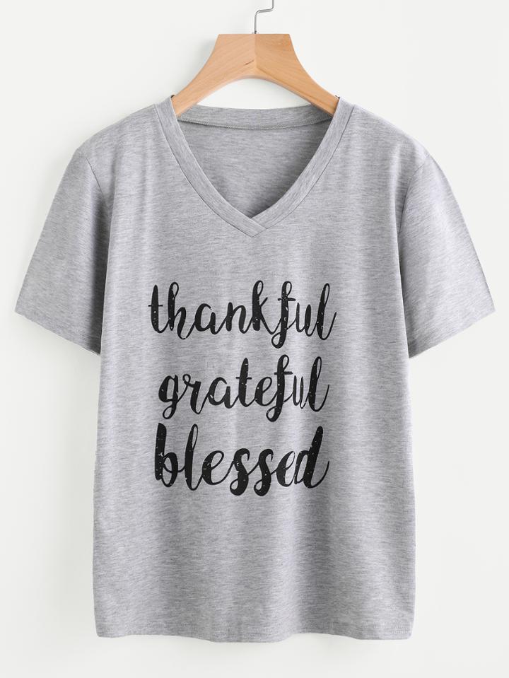 Shein V-neckline Slogan Print Tee