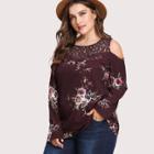 Shein Plus Lace Yoke Open Shoulder Floral Top