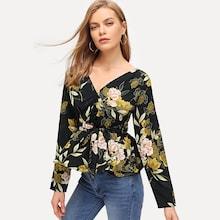 Shein Botanical Print Peplum Hem Blouse