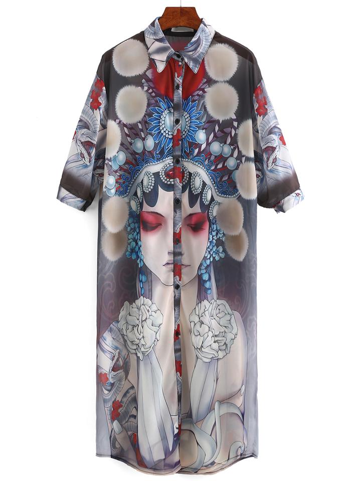 Shein Peking Opera Face Print Shirt Dress