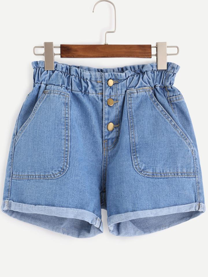 Shein Elastic Waist Cuffed Single Breasted Denim Shorts