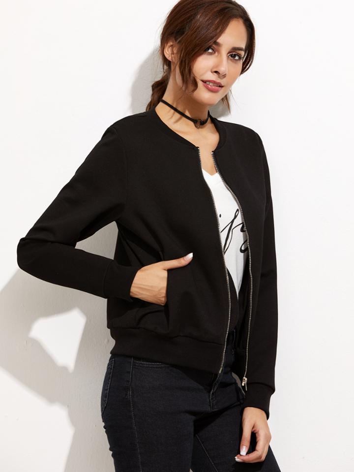 Shein Black Letter Print Ribbed Trim Bomber Jacket