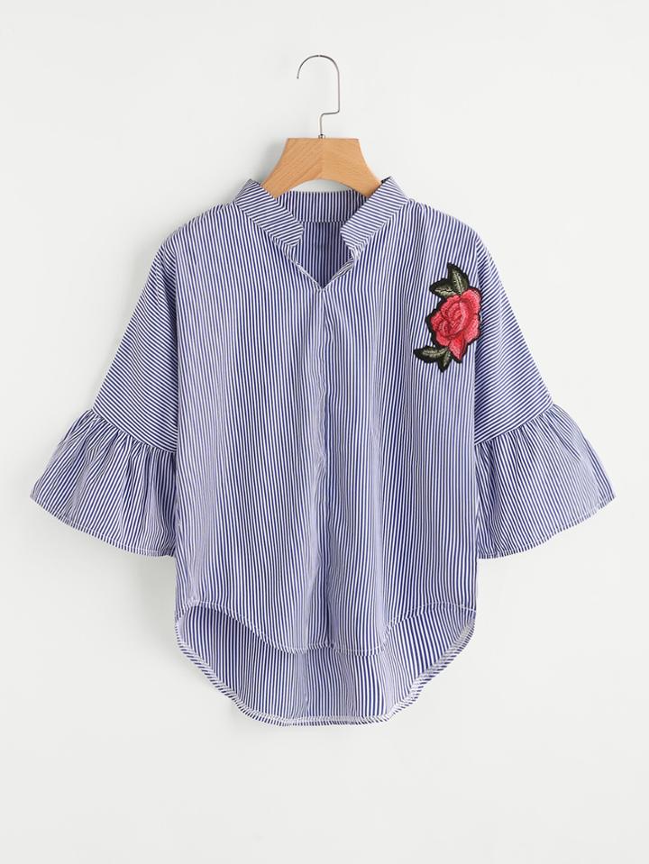 Shein Embroidered Applique High Low Curved Hem Blouse