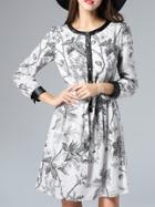 Shein Black Contrast Pu Tie-waist Print Dress