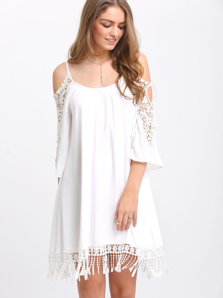Shein Open Shoulder Crochet Lace Sleeve Tassel Dress