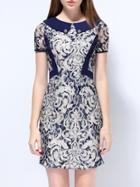 Shein Navy Round Neck Short Sleeve Lace Bodycon Dress