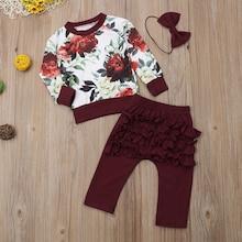 Shein Toddler Girls Floral Print Top & Frill Pants & Headband