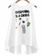 Shein White Embroidery Cartoon Print Split Back Tank Top