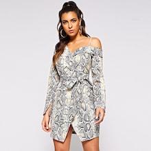 Shein Collared Asymmetric Shoulder Snakeskin Wrap Dress