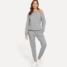Shein Pearl Beading Open Shoulder Pullover & Pants Set