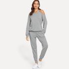 Shein Pearl Beading Open Shoulder Pullover & Pants Set