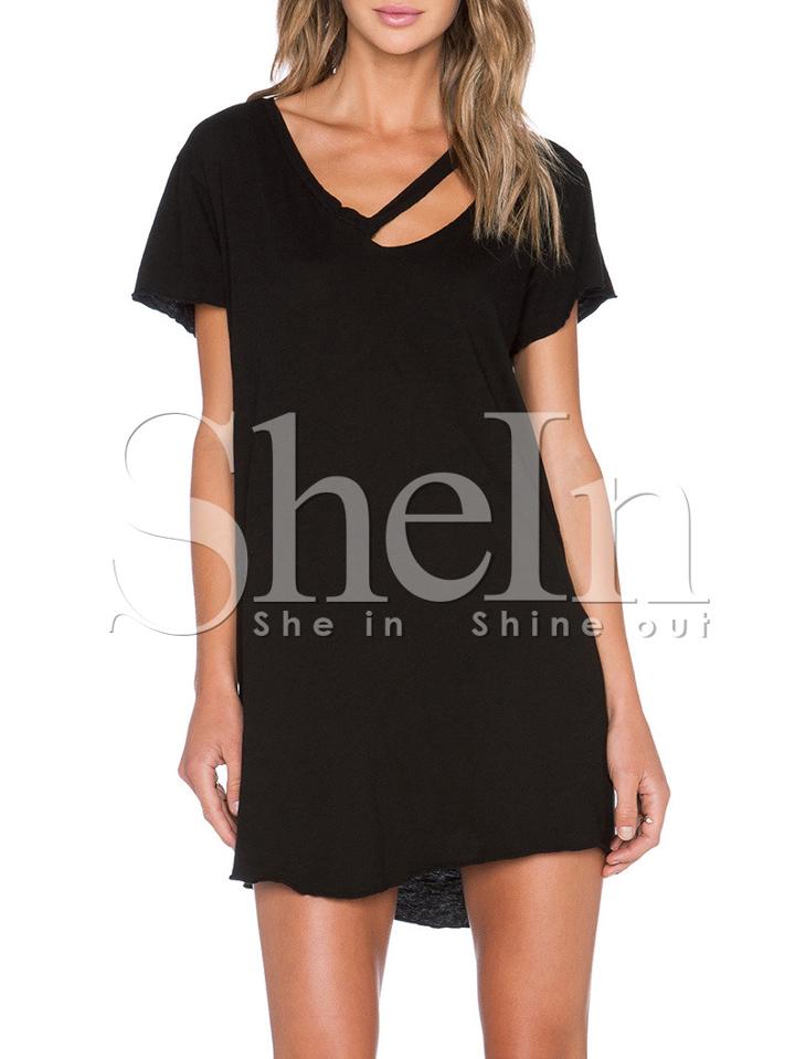 Shein Black Short Sleeve V Neck Cut Out Casual Dress