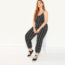 Shein Plus Drawstring Waist Pocket Side Grid Cami Jumpsuit