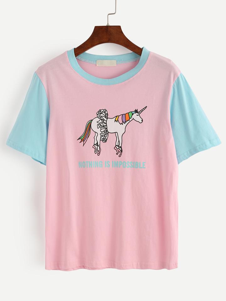 Shein Color Block Cartoon Print T-shirt